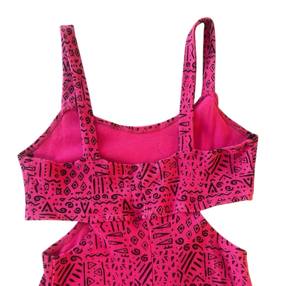 Y2K Material Girl Midi Bodycon Pink and Black Patterned Cutout Dress Ribbed - Picture 5 of 5